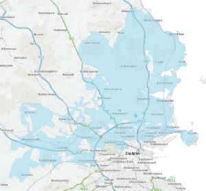 Map of Greater Dublin Area with areas under boil water notice marked in blue