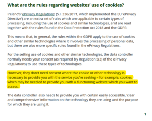 Screencap of the DPC's guidance on cookies with the paragraph on an example of necessary cookies highlighted