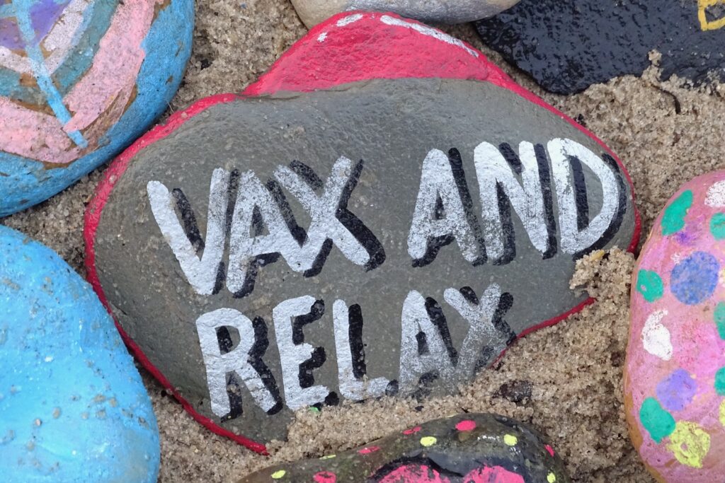 Text says "vax and relax" promoting vaccine.