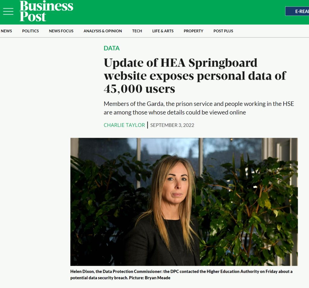 Screenshot of Sunday Business Post story headlined "Update of HEA Springboard website exposes personal data of 45,000 users