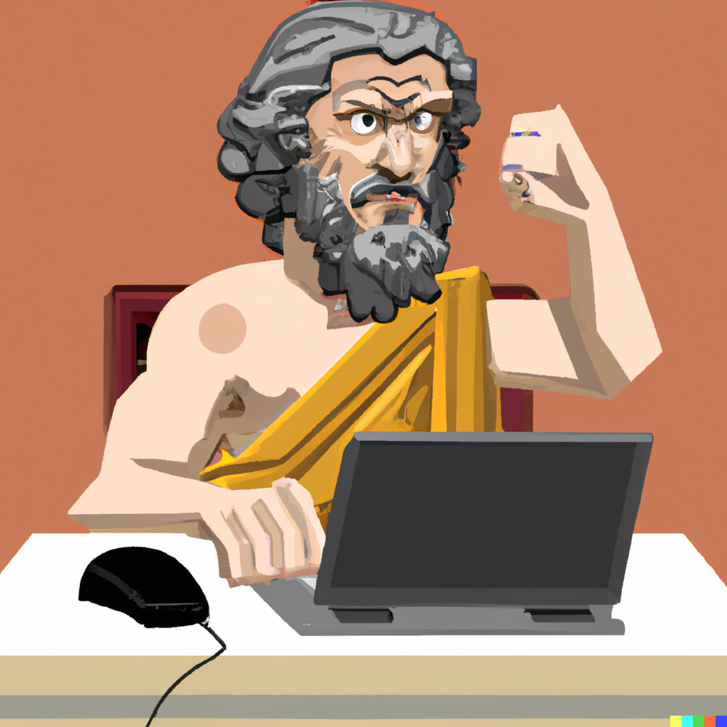 Plato is sitting at a laptop computer shaking his fist in a comic book style image