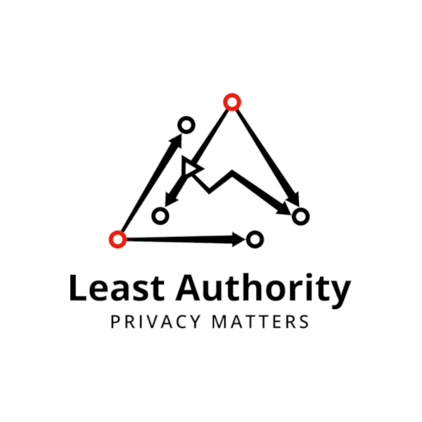 Logo for Least Authority. Stylised overlapping triangles with red dots at each apex. Below the triangles is the text "Least Authority". Below that is the text "Privacy Matters"